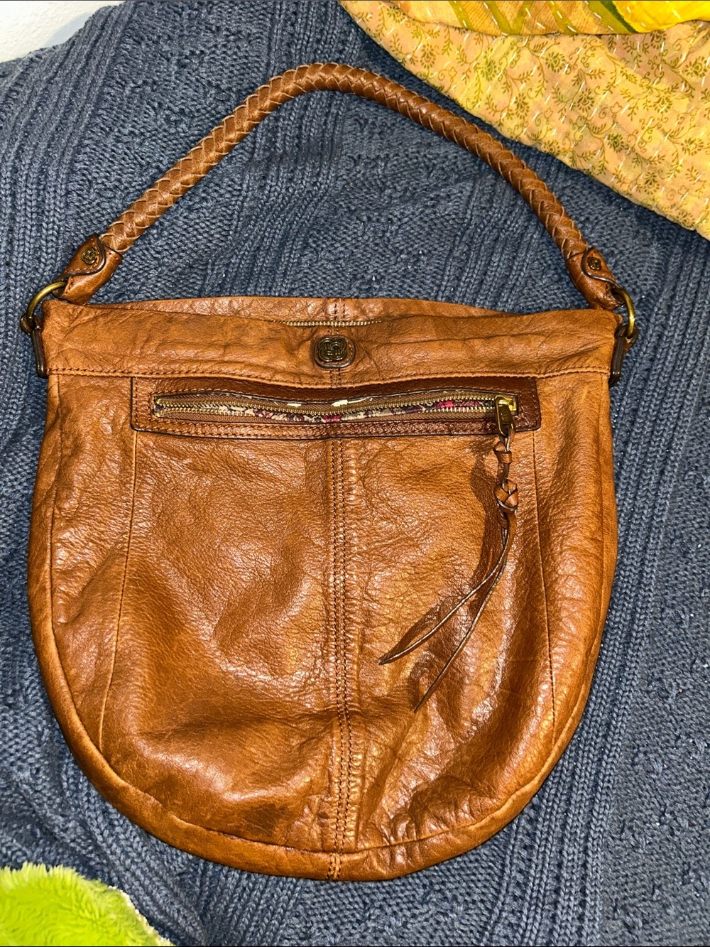 Soft Tan Leather Shoulder Hobo Bag with Braided Strap
